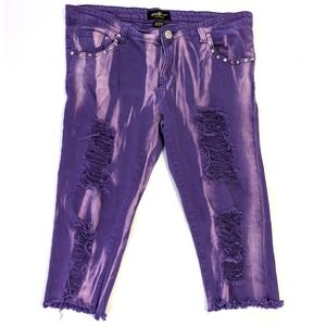 Picky Boo Purple Acid Wash Distressed Studded Capri Jean Shorts Size 11 Pickyboo